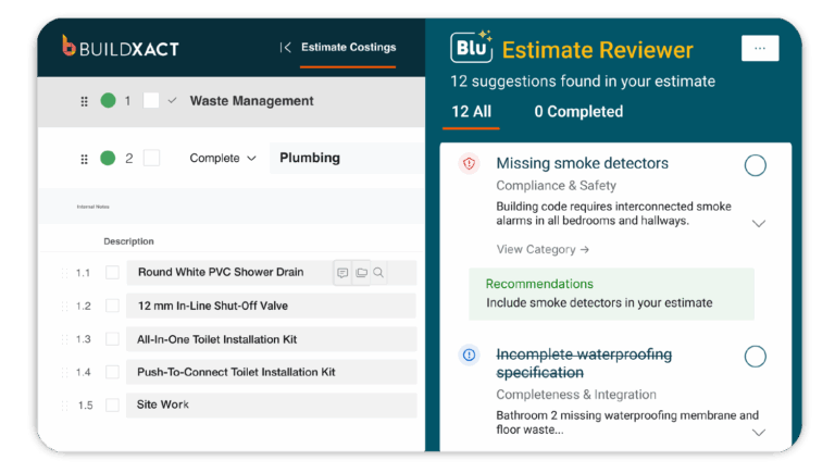 A concept showing how the Blu: Estimate Reviewer checks for missing items